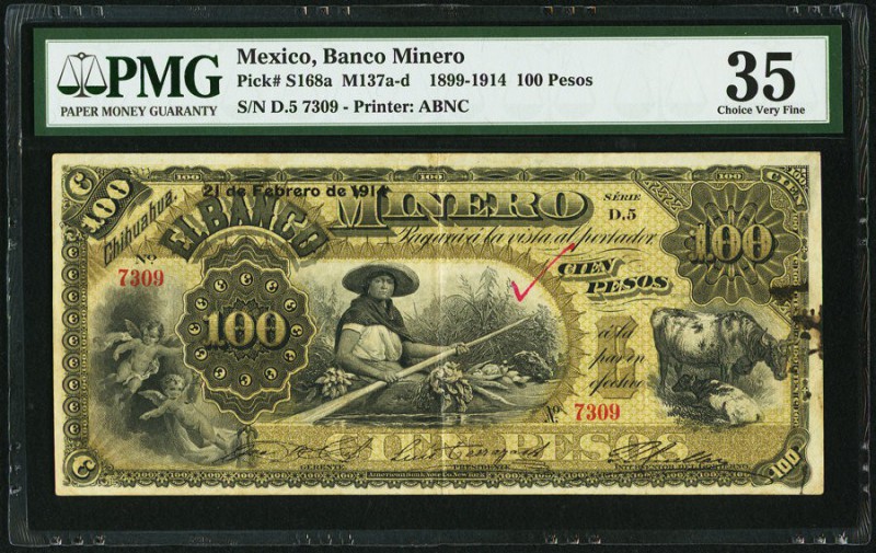 Mexico Banco Minero 100 Pesos 21.2.1914 Pick S168a PMG Choice Very Fine 35. A ha...