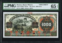 Mexico Banco Minero 1000 Pesos ND (1914) Pick S169s2 Specimen PMG Gem Uncirculated 65 EPQ. A beautiful and original Specimen of high quality, and desi...