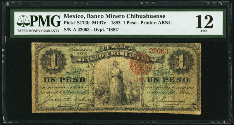 Mexico Banco Minero Chihuahuense 1 Peso 1882/1880 Pick S174b M147c PMG Fine 12. ...