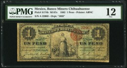 Mexico Banco Minero Chihuahuense 1 Peso 1882/1880 Pick S174b M147c PMG Fine 12. Issued by the second incarnation of the bank in 1882, this note is ver...