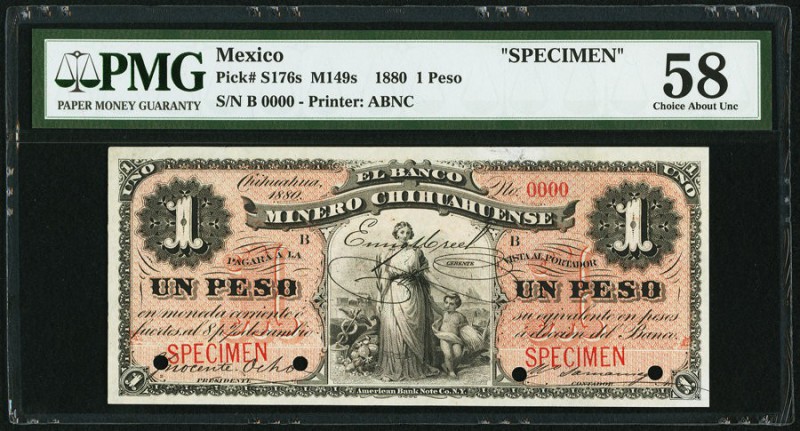 Mexico Banco Minero Chihuahuense 1 Peso 1880 Pick S176s M149s Specimen PMG Choic...