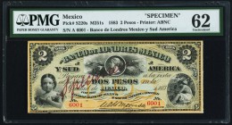 Mexico Banco de Londres Mexico y Sud America 2 Pesos 1883 Pick S220s PMG Uncirculated 62. A beautiful Specimen of this widely collected type, with fea...