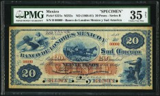 Mexico Banco de Londres Mexico y Sud America 20 Pesos ND (1868-81) Pick S221s Specimen PMG Choice Very Fine 35 Net. A handsome type, with a pleasing a...