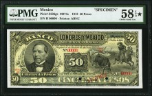 Mexico Banco de Londres y Mexico 50 Pesos 1.10.1913 Pick S236gs M274s Specimen PMG Choice About Unc 58 EPQ S. Specimens of the 50 Peso denomination ar...
