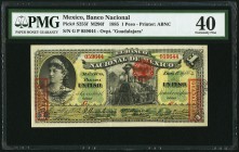 Mexico Banco Nacional de Mexico (Guadalajara) 1 Peso 1.1.1885 Pick S255f M296f PMG Extremely Fine 40. A colorful green, yellow, and black note, this e...