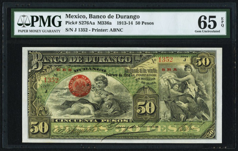 Mexico Banco de Durango 50 Pesos 2.1914 Pick S276Aa PMG Gem Uncirculated 65 EPQ....