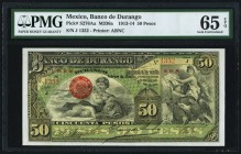Mexico Banco de Durango 50 Pesos 2.1914 Pick S276Aa PMG Gem Uncirculated 65 EPQ. A lively example with deep green and black inks on a yellow underprin...
