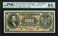 Mexico Banco de Guanajuato 1000 Pesos ND (ca.1900-1914) Pick S295s Specimen PMG Choice Uncirculated 64 EPQ. A pleasing, high quality, and completely o...