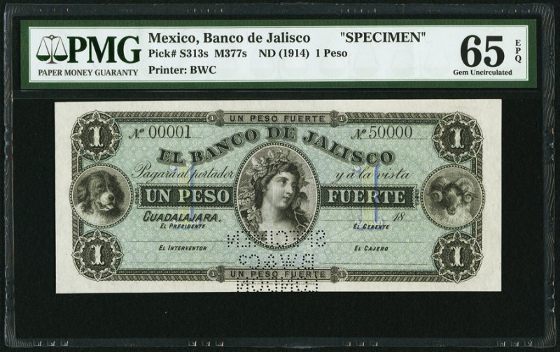 Mexico Banco de Jalisco 1 Peso 18__ Pick 313s M377s Specimen PMG Gem Uncirculate...