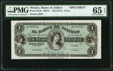Mexico Banco de Jalisco 1 Peso 18__ Pick 313s M377s Specimen PMG Gem Uncirculated 65 EPQ. The bank commenced operations in 1897 and remained in busine...