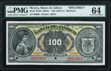 Mexico Banco de Jalisco 100 Pesos ND (1910-11) Pick S325s Specimen PMG Choice Uncirculated 64. A beautiful Specimen, with striking colors and excellen...