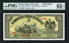 Mexico Banco del Estado de Mexico 50 Pesos ND (1898-1912) Pick S332s PMG Gem Uncirculated 65 EPQ. An outstanding example of this rare Specimen, preser...