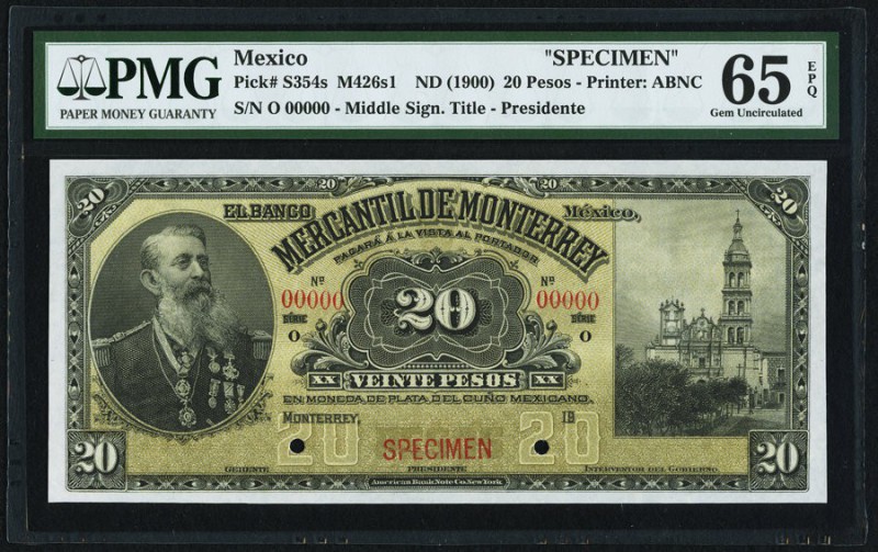 Mexico Banco Mercantil de Monterrey 20 Pesos 19__ Pick S354s Specimen PMG Gem Un...