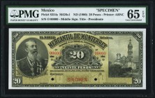 Mexico Banco Mercantil de Monterrey 20 Pesos 19__ Pick S354s Specimen PMG Gem Uncirculated 65 EPQ. Printed by ABNCo, this 20 Pesos note features a lar...