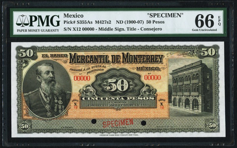 Mexico Banco Mercantil de Monterrey 50 Pesos 19__ Pick S355As Specimen PMG Gem U...