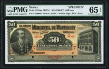 Mexico Banco Mercantil de Monterrey 50 Pesos 19__ Pick S355as Specimen PMG Gem Uncirculated 65 EPQ. With a portrait of General Mariano Escobedo and a ...