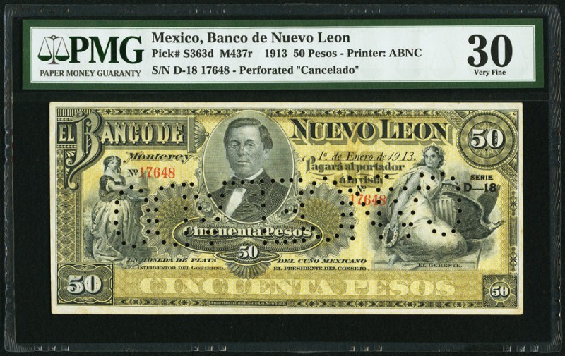Mexico Banco de Nuevo Leon 50 Pesos 1.1.1913 Pick S363d M437r PMG Very Fine 30. ...