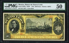 Mexico Banco de Neuvo Leon 500 Pesos 1.1.1913 Pick S365a Cancelled PMG About Uncirculated 50. A pleasing example, with just minimal circulation to rep...