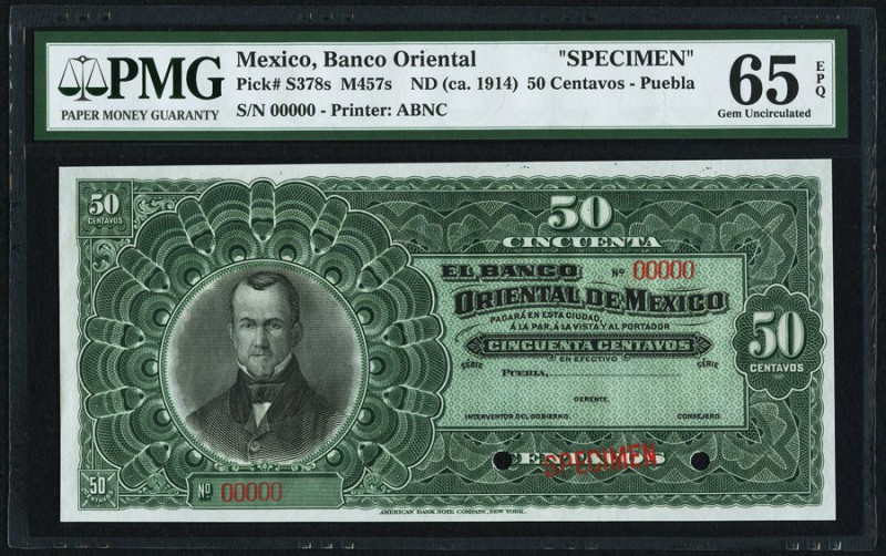 Mexico Banco Oriental de Mexico 50 Pesos ND (ca. 1914) Pick S378s PMG Gem Uncirc...