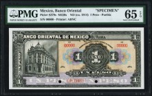 Mexico Banco Oriental de Mexico 1 Peso ND (ca. 1914) Pick S379s PMG Gem Uncirculated 65 EPQ. Printed in black on a multicolor underprint, this note ha...