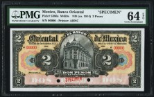Mexico Banco Oriental de Mexico 2 Pesos ND (ca. 1914) Pick S380s Specimen PMG Choice Uncirculated 64 EPQ, 2 POCs. An impressive vignette of the bank's...