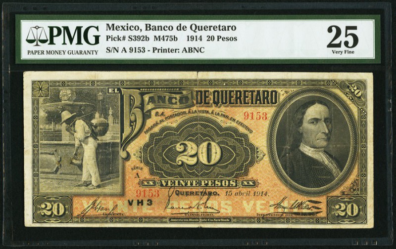 Mexico Banco de Queretaro 20 Pesos 15.4.1914 Pick S392b M475b PMG Very Fine 25. ...