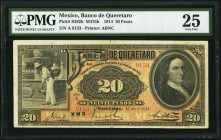 Mexico Banco de Queretaro 20 Pesos 15.4.1914 Pick S392b M475b PMG Very Fine 25. The bank was founded in 1903 and remained in business until its charte...