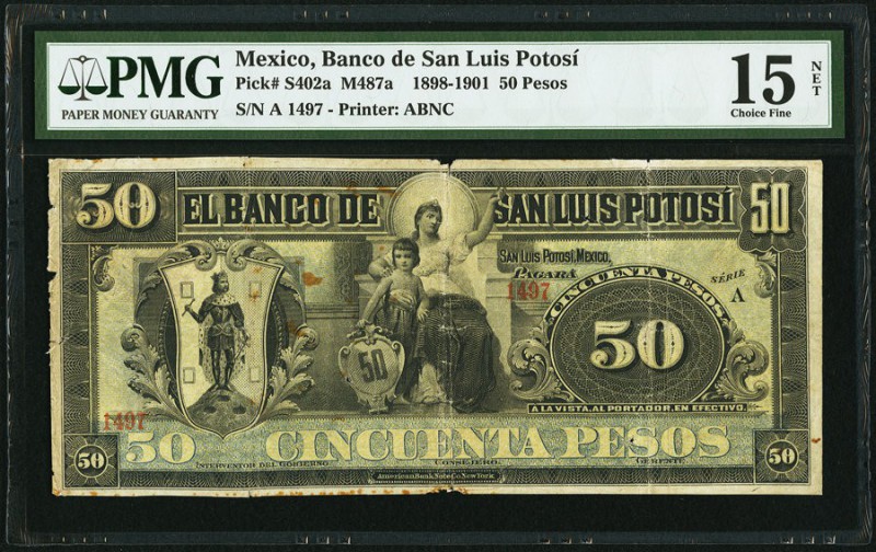 Mexico Banco de San Luis Potosi 50 Pesos ND (1898-1901) Pick S402ar M487a Remain...