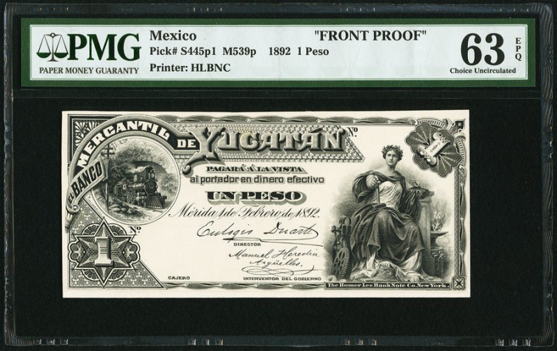 Mexico Banco Mercantil de Yucatan 1 Peso 1.2.1892 Pick 445p1 M539p Face Proof PM...