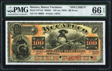 Mexico Banco Yucateco 100 Pesos ND (ca. 1899) Pick S471s3 Specimen PMG Gem Uncirculated 66 EPQ. The bank opened in 1890 and remained in business until...