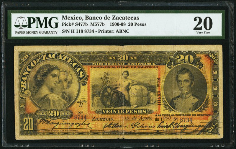 Mexico Banco De Zacatecas 20 Pesos 15.8.1900 Pick S477b M577b PMG Very Fine 20. ...