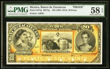 Mexico Banco De Zacatecas 20 Pesos ND (1891-1914) Pick S477fp Face Proof PMG Choice About Unc 58 EPQ. A lovely orange, yellow, and black face proof, t...