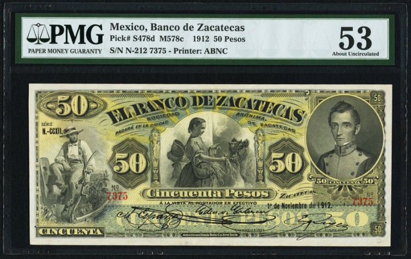 Mexico Banco De Zacatecas 50 Pesos 1.11.1912 Pick S478d PMG About Uncirculated 5...