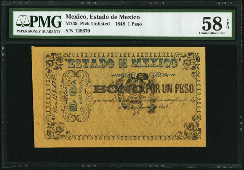 Mexico Estado de Mexico 1 Peso 30.8.1848 Pick UNL M735 PMG Choice About Unc 58 E...