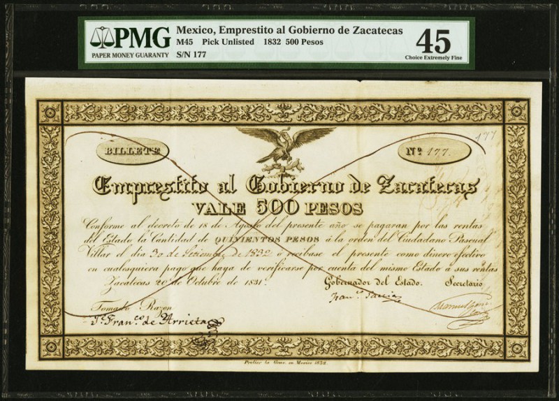 Mexico Gobierno de Zacatecas 500 Pesos 1832 Pick UNL M45 PMG Choice Extremely Fi...