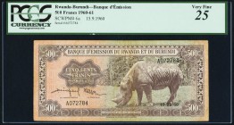 Rwanda and Burundi Banque d'Emission 500 Francs 15.09.1960 Pick 6a PCGS Very Fine 25. A rare, high denomination issue featuring the endangered black r...