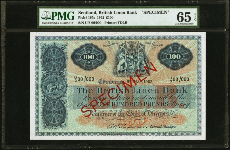 Scotland British Linen Bank 100 Pounds 9.5.1962 Pick 165s Specimen PMG Gem Uncir...