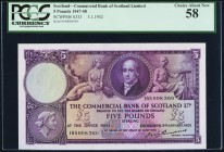 Scotland Commercial Bank of Scotland 5 Pounds 3.1.1952 Pick S333 PCGS Choice About New 58. Simply beautiful note and desirable in such a high grade fo...