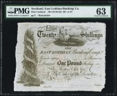 Scotland East Lothian Banking Company 20 Shillings or 1 Pound ND (1810-22) Pick UNL Remainder PMG Choice Uncirculated 63. Uncommon, centuries old, and...