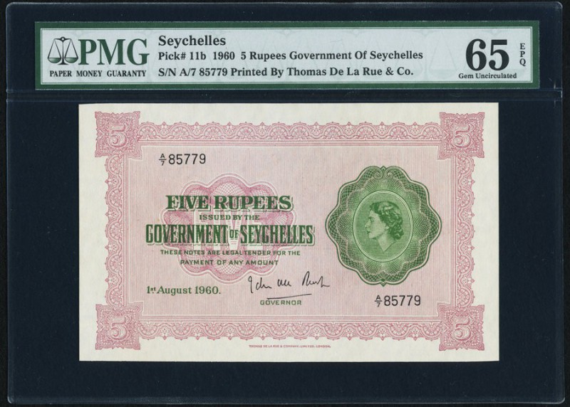 Seychelles Government of Seychelles 5 Rupees 1.8.1960 Pick 11b PMG Gem Uncircula...