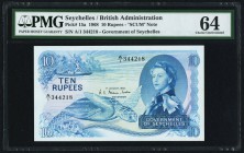 Seychelles Government of Seychelles 10 Rupees 1.1.1968 Pick 15a PMG Choice Uncirculated 64. An attractive, heavily embossed example with deep blue and...