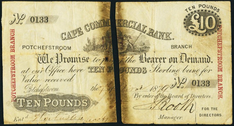 South Africa Cape Commercial Bank 10 Pounds 7.6.1879 Pick S162 Very Fine. The Ca...