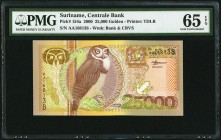 Suriname Centrale Bank van Surname 25,000 Gulden 2000 Pick 154a PMG Gem Uncirculated 65 EPQ. A pleasing top tier grade of this very popular high denom...