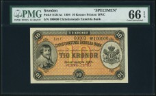 Sweden Christianstads Enskilda Bank 10 Kronor 1894 Pick S131As Specimen PMG Gem Uncirculated 66 EPQ. A handsome Specimen, and one of only three exampl...