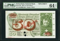 Switzerland Schweizerische Nationalbank 50 Franken 7.2.1974 Pick 48s Specimen PMG Choice Uncirculated 64 Net. A lovely variety featuring the red DLR a...