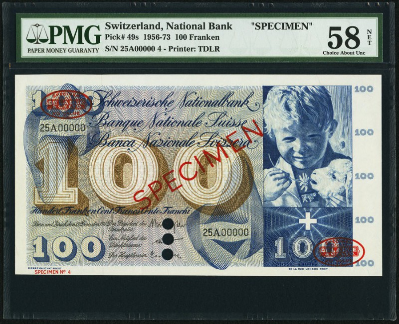 Switzerland Schweizerische Nationalbank 100 Franken ND (1956-73) Pick 49s Specim...