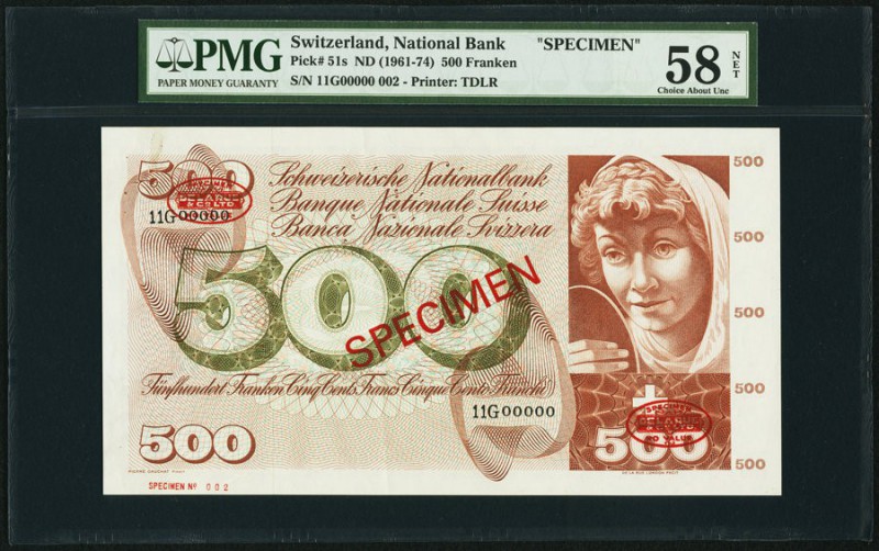 Switzerland Schweizerische Nationalbank 500 Franken ND (1961-74) Pick 51s Specim...