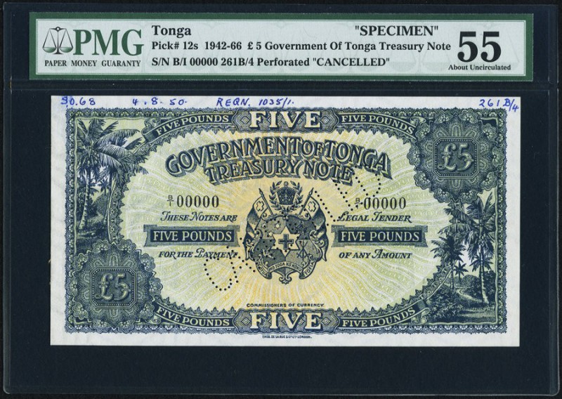 Tonga Government of Tonga 5 Pounds ND (1942-66) Pick 12s Specimen PMG About Unci...