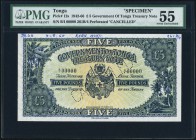 Tonga Government of Tonga 5 Pounds ND (1942-66) Pick 12s Specimen PMG About Uncirculated 55. A Specimen with perforated "Cancelled" diagonally across ...