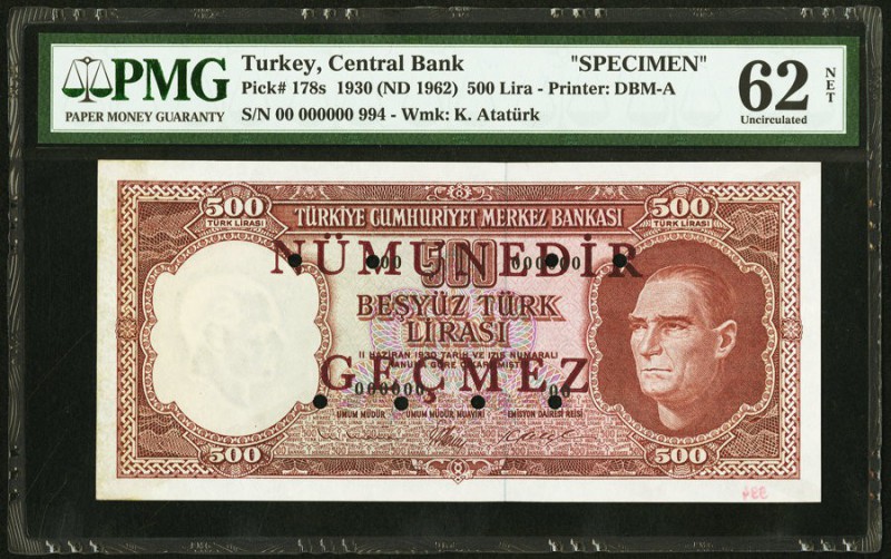 Turkey Central Bank of Turkey 500 Lira 1930 (ND 1962) Pick 178s Specimen PMG Unc...